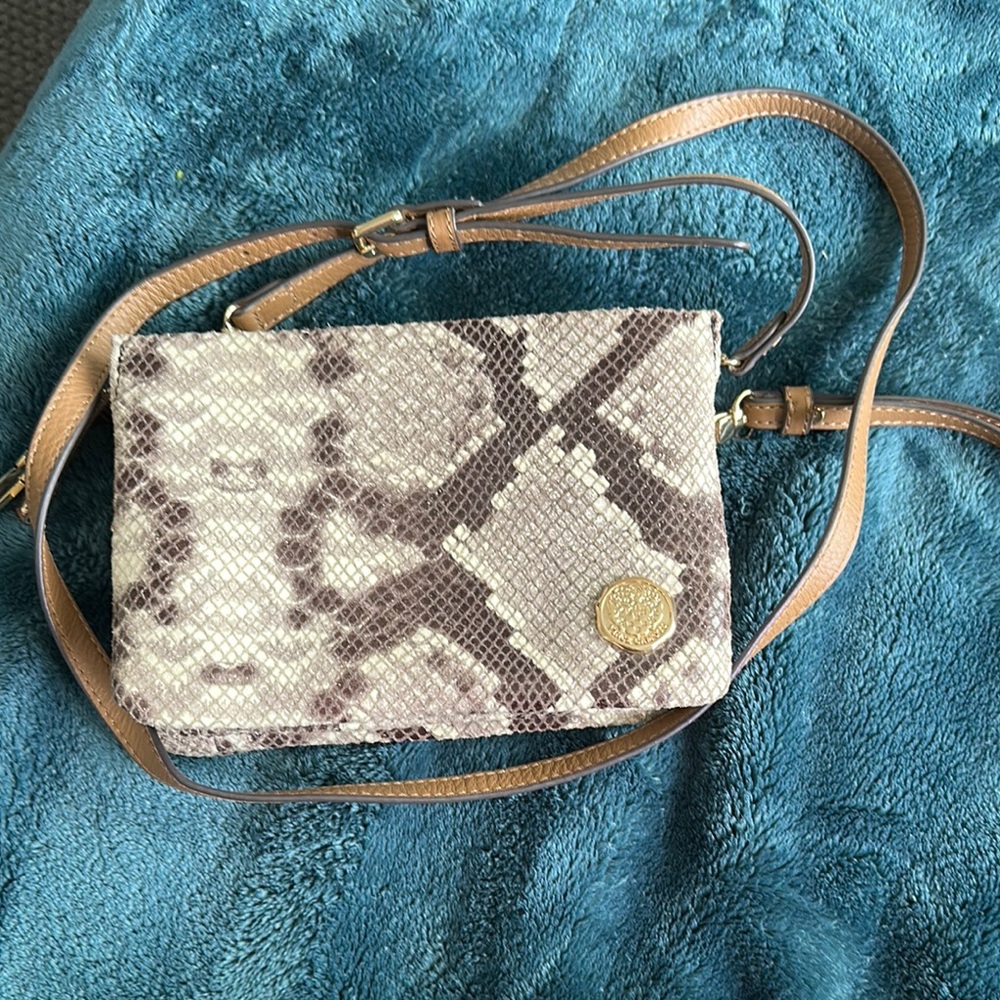 Vince Camuto Tan and Cream Crossbody Bag with Snakeskin Print